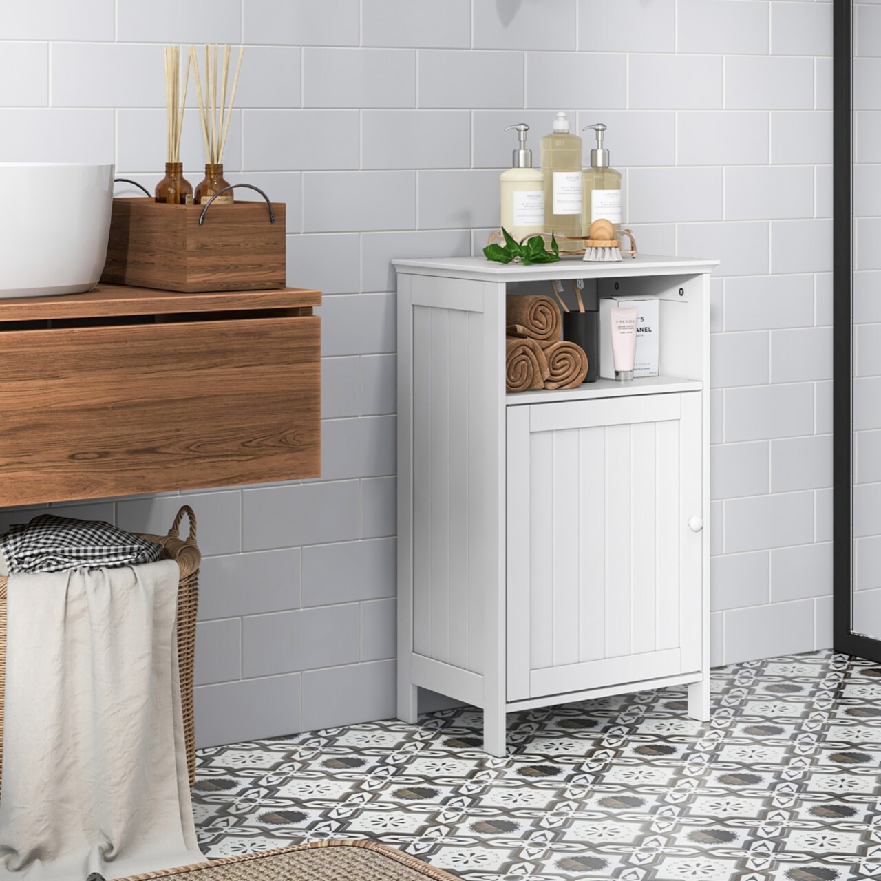 Bathroom Floor Storage Cabinet Side Table Adjustable Shelf Organize Freestanding